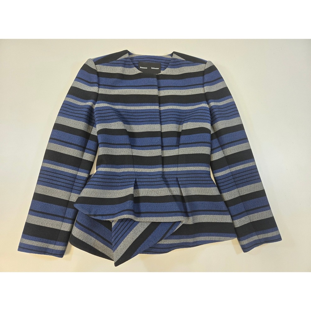 Proenza Schouler Blue Striped Peplum Jacket Size 2 Italy Made Collarless Blazer